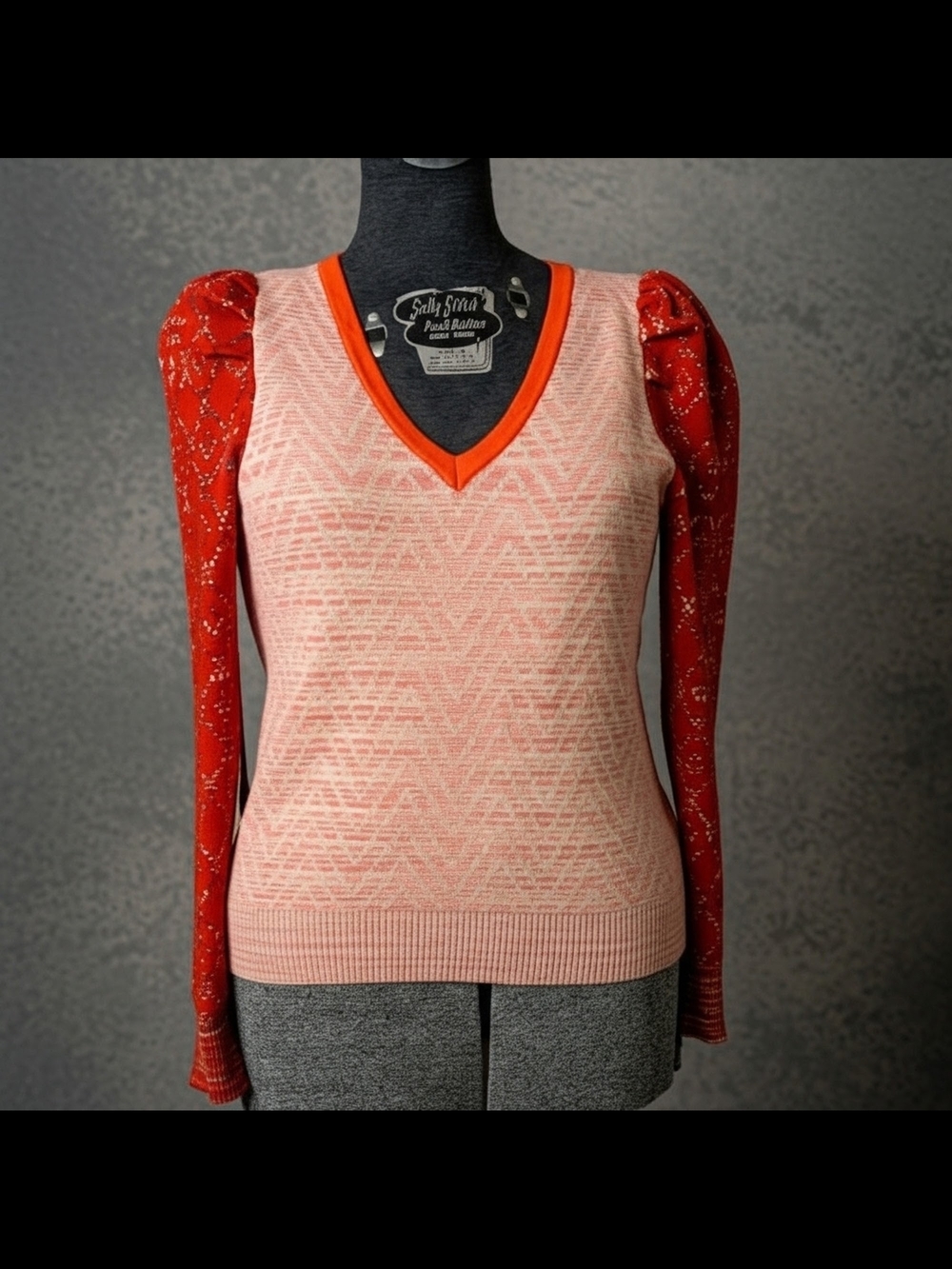 Anthropologie Jacquard Pink & Orange V Neck Knit Sweater Size M